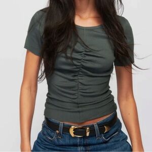 Nation LTD short sleeve shirt, gathered seam down front, jade stone color XS